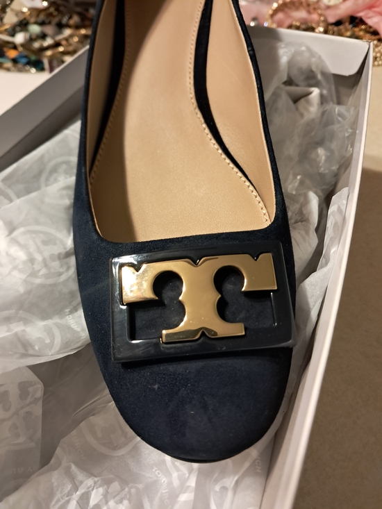 Tory Burch Shoes - Tory Burch Navy Suede Flat with Gold Logo Plaque